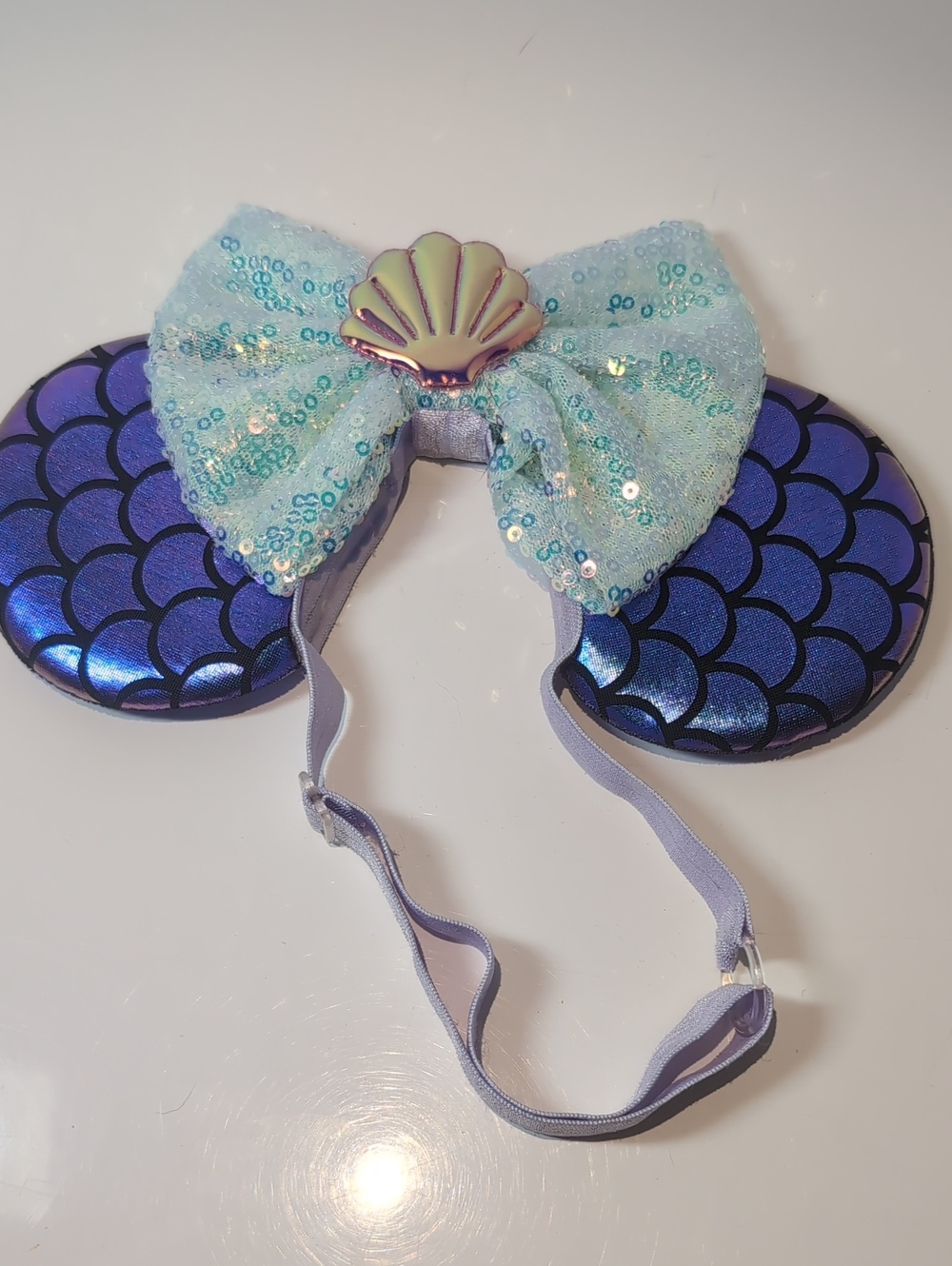 Disney Mimmie Mouse Mermaid Ear Headband with Aqua Sequin Bow & Shell